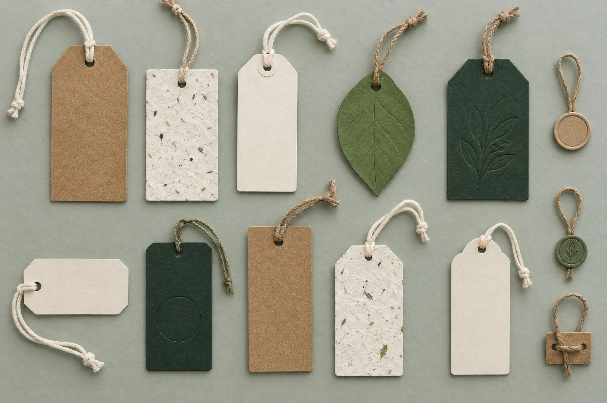 An assortment of kraft, seed-paper, cotton-board and leaf-shaped hang tags with natural strings