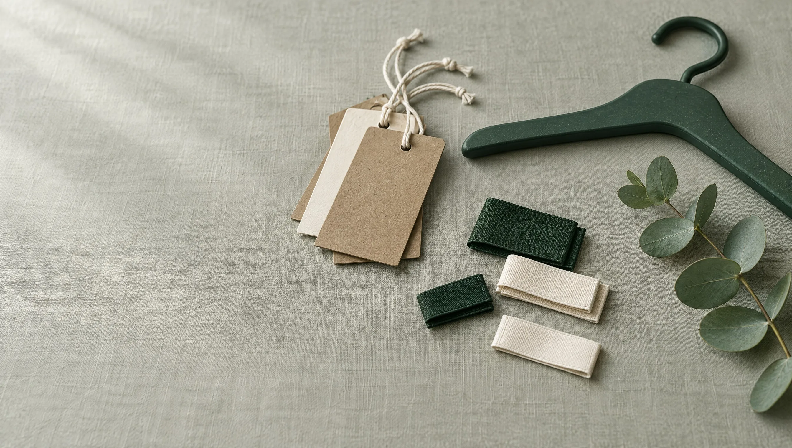 Kraft and cotton-board hang tags, folded woven labels and a forest-green recycled hanger on linen
