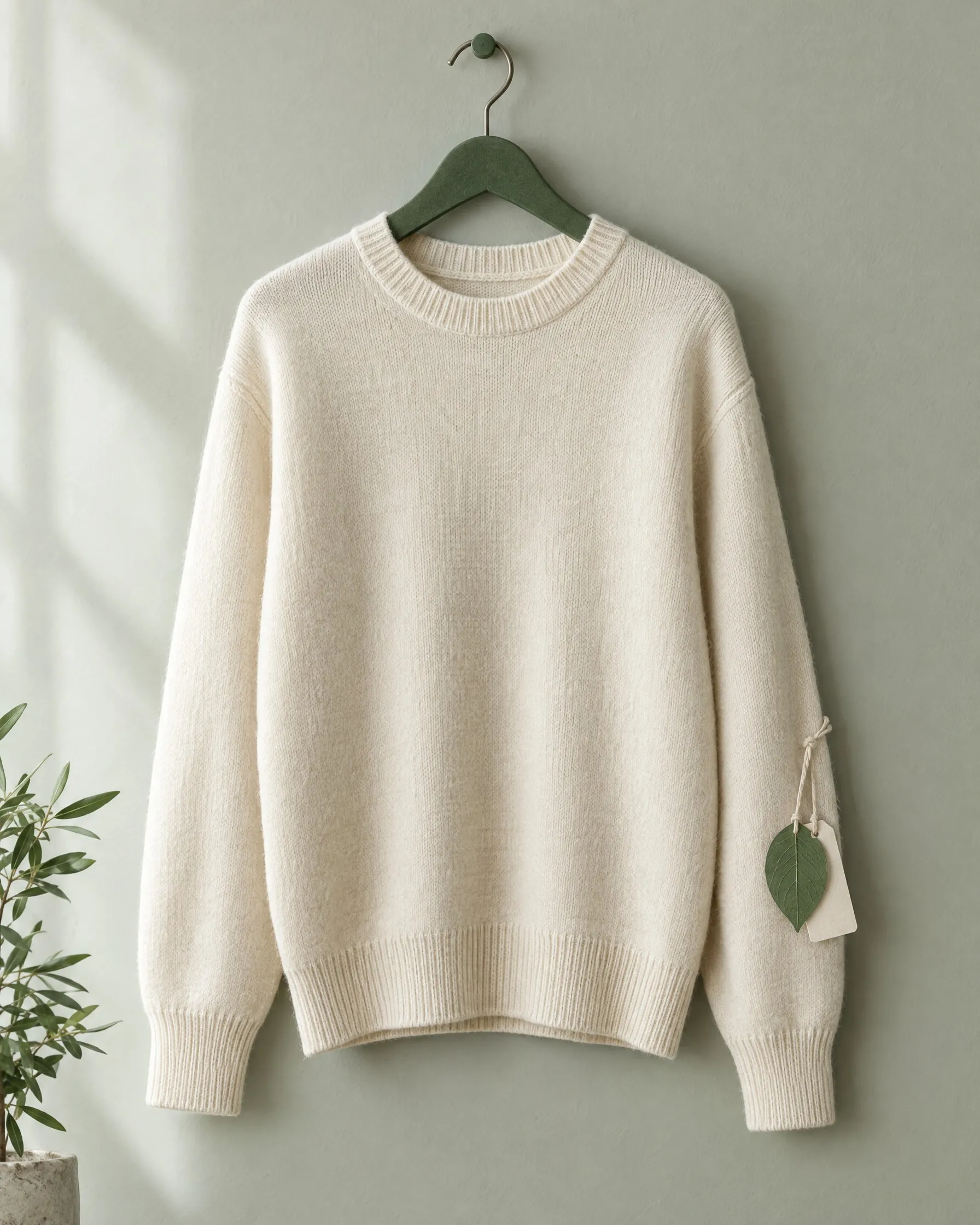 A cream knit sweater on a green recycled hanger with a leaf-shaped hang tag