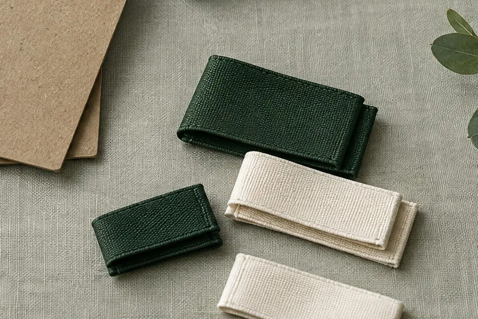 Folded damask woven labels in forest green and cream